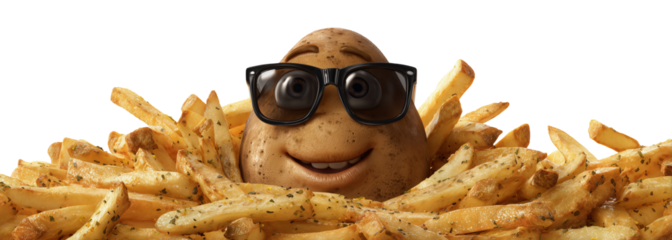 Extreme close-up of a hyper-realistic smiling potato character in sunglasses surrounded by crispy golden french fries, isolated on white or transparent background. Png. Generative Ai.