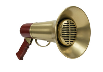 Isolated antique brass megaphone with handle, vintage speaking tool, loudspeaker prop