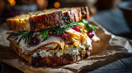 Thanksgiving leftover sandwich on parchment paper, crumpled texture, moody daylight