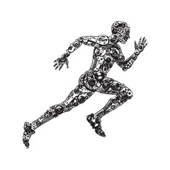 A running human figure composed of gears and mechanical parts, symbolizing human machine or cyborg