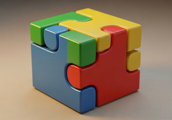 Colorful interlocking puzzle cube toy with distinct colored pieces showing a fun educational object