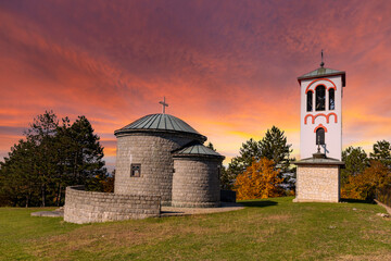 Church of Saint Petka Trnove at sunset near Zvornik Fortress, Bosnia and Herzegovina