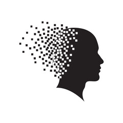 Silhouette of a human head dissolving into pixels