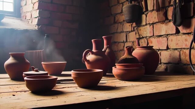 Rustic pottery collection on wooden table in old-fashioned room with brick wall