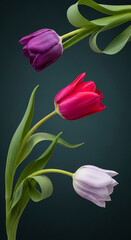Obraz premium Three tulips with stem and leaves, purple, pink and white, on dark background, representing spring bloom and freshness, ideal for floral arrangement