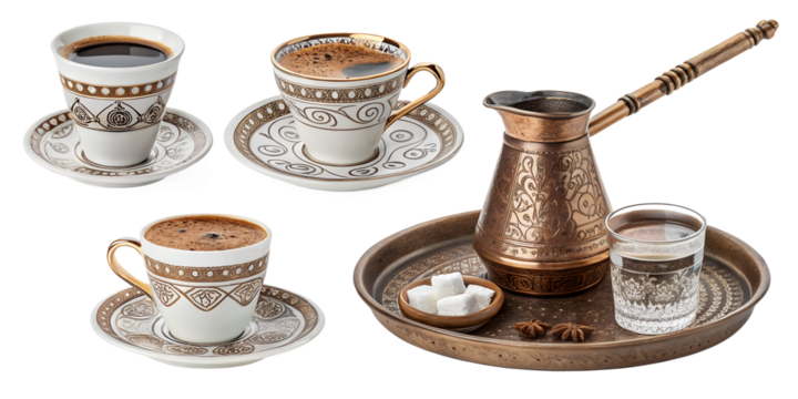 Turkish Coffee PNG Set –Traditional Cups, Cezve Pot and Serving Styles Isolated on Transparent Background