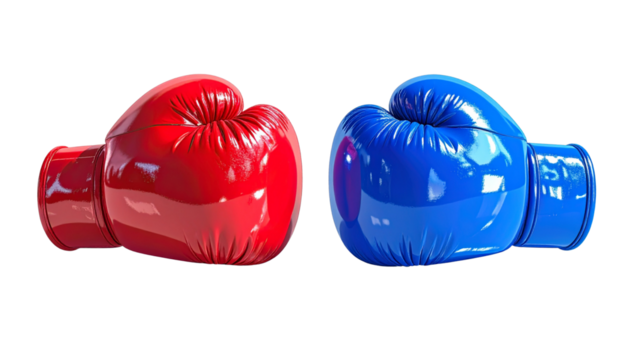  Red and blue boxing gloves duo in dynamic pose, isolated on transparent background