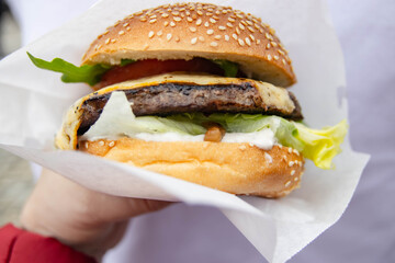 Big burger close-up in hand on white background. The burger consists of a bun, a patty, lettuce, tomatoes, onions and a delicious sauce.