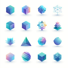 Collection of vibrant geometric shapes and abstract designs in gradient colors, perfect for modern graphic design and branding elements, isolated on white background
