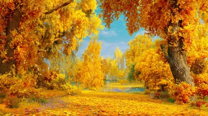 Fototapeta premium Golden autumn splendor: a park's seasonal transformation. Lavish