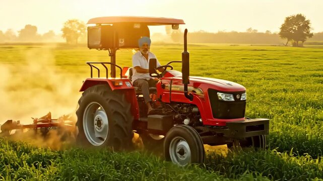 Indian Farmer Driving Modern Tractor in Cultivated Field During Sunrise for Kisan Diwas Celebration