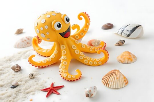 Joyful yellow octopus toy surrounded by seashells and starfish on sandy beach illustration

