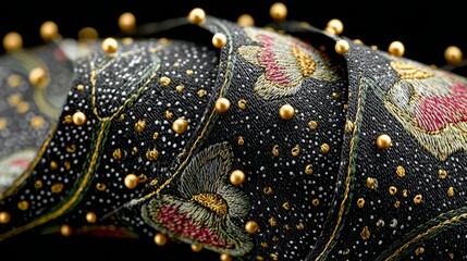 Black luxury fabric with floral embroidery and gold threads, soft cinematic lighting for commercial textile design