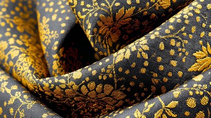 Black luxury fabric with floral embroidery and gold threads, soft cinematic lighting for commercial textile design