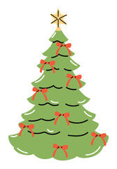 Christmas tree vector with star topper and red bows, festive holiday decoration design for cards, posters, invitations, and seasonal artwork