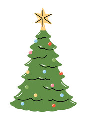 Christmas tree vector with star topper and colorful ornaments, festive holiday decoration design for cards, posters, invitations, and seasonal artwork