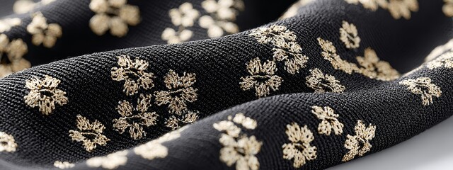 Black luxury fabric with floral embroidery and gold threads, soft cinematic lighting for commercial textile design