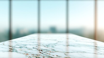 Polished marble tabletop with reflections, soft office background, modern interior for commercial design