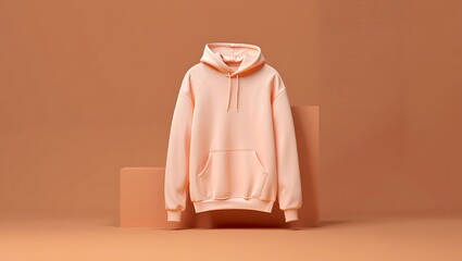 Stylish peach-colored hoodie with a kangaroo pocket displayed on geometric blocks against a terracotta background
