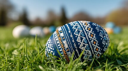 Decorated Easter egg nest in soft morning light, garden background for Easter Sunday