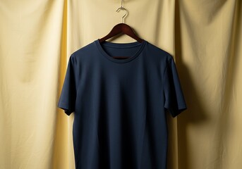 Deep navy blue t-shirt on a dark wooden hanger against a backdrop of elegantly draped yellow fabric