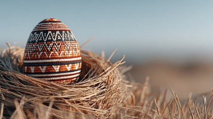 Decorated Easter egg nest in soft morning light, garden background for Easter Sunday
