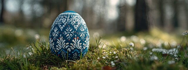 Decorated Easter egg nest in soft morning light, garden background for Easter Sunday