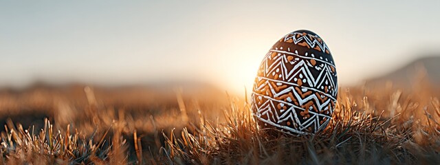 Decorated Easter egg nest in soft morning light, garden background for Easter Sunday