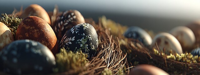 Decorated Easter egg nest in soft morning light, garden background for Easter Sunday
