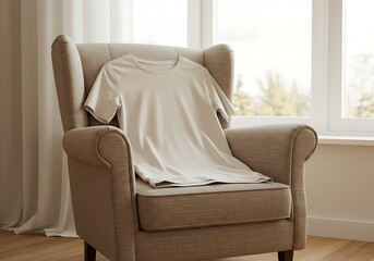 Soft Cream T-Shirt Casually Draped on a Classic Upholstered Armchair Bathed in Natural Window Light