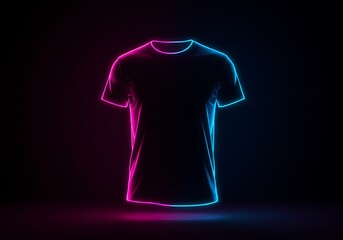 Futuristic black t-shirt with vibrant neon pink and blue glowing edges against a dark background.