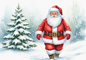 Charming watercolor illustration of Santa Claus walking through a snowy winter forest scene