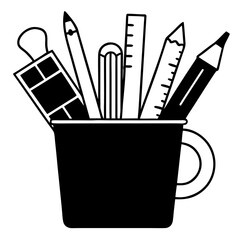 Black and white illustration of a mug filled with supplies