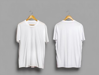 Dual presentation of a crisp white t-shirt, front and back, hanging on wooden hangers against a subtle gray wall.