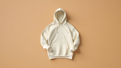 Cozy cream-colored blank hoodie with a front pocket and drawstrings, neatly laid out on a soft tan background