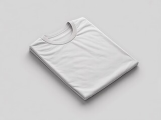 Neatly folded white blank t-shirt with a textured collar, resting on a clean light gray surface
