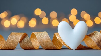 Glowing white heart with golden ribbons floating in dreamy light, symbolic scene for White Day
