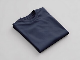 Neatly folded dark navy blue long-sleeve t-shirt on a crisp light gray minimalist background