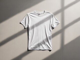 Flat lay light beige t-shirt mockup with striking diagonal window shadows on a textured surface
