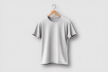 Plain white t-shirt hanging on a wooden hanger against a bright, clean white studio wall