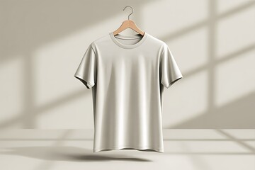 Light beige t-shirt mockup on a wooden hanger floating with dramatic window light and shadows