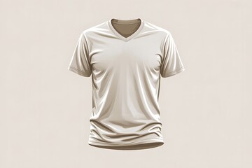 Soft cream V-neck t-shirt mockup with a gentle sheen, displayed against a warm beige background, clean and inviting.