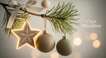 Pine branch with ornaments a star spheres tied with a ribbon over bokeh lights