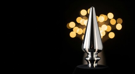 Polished silver ornament on black velvet background blurred with gold bokeh lights