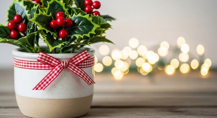 Potted holly with red berries and a checkered bow sits on a wooden surface against a backdrop of blurred lights