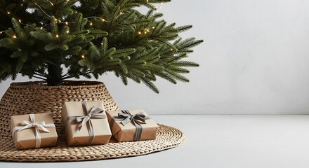 Presents under a Christmas tree with warm lights and a woven skirttree collar