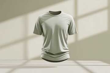 Serene light grey short-sleeve t-shirt presented floating, with soft natural light and subtle dappled shadows.