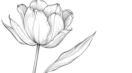 Elegant tulip flower sketch isolated on white background, showcasing delicate details and intricate linework in a minimalist botanical illustration