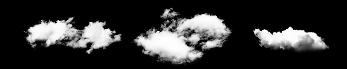 Fluffy white clouds isolated on black background, showcasing different shapes and textures