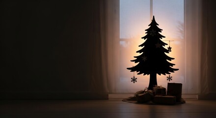 Silhouette Christmas tree against window adorned with snowflakes and stars presents at base minimal festive setting